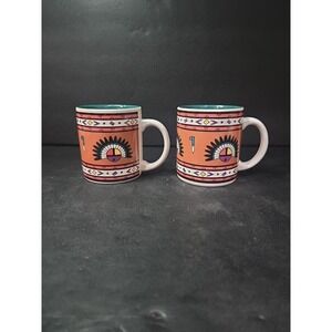 Southwest Aztec Cactus Mugs, Set of 2 Coffee Cups, Vintage Native American Decor